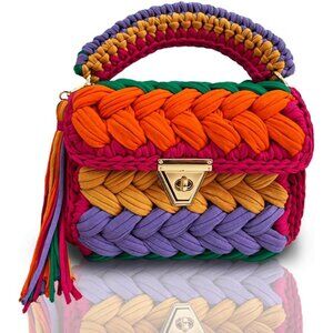 Women's Handmade Crochet Multi Evening Small Formal Flap Clutch Crossbody Bag